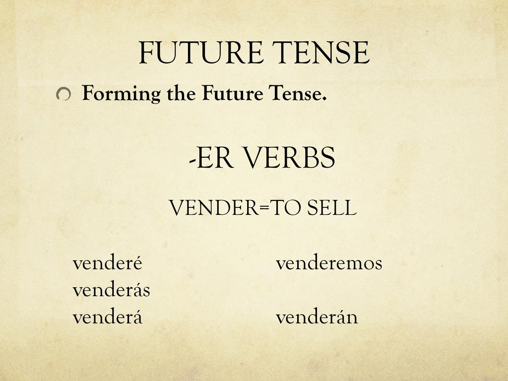 FUTURE TENSE -ER VERBS Forming the Future Tense. VENDER=TO SELL