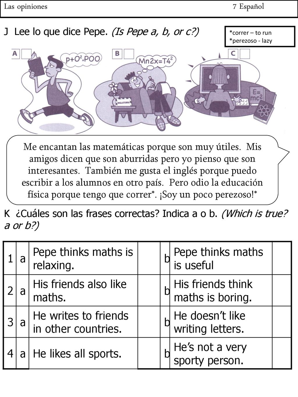 Pepe thinks maths is relaxing. b Pepe thinks maths is useful