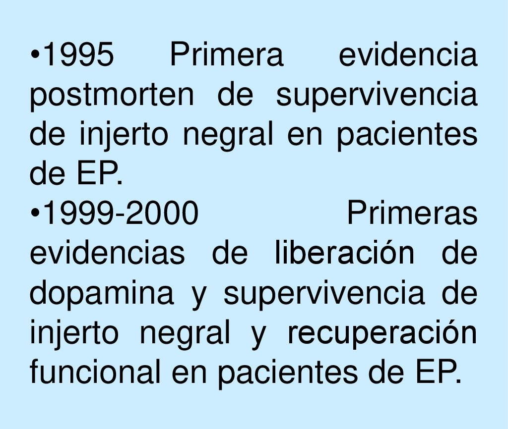 1995 Primera evidencia postmorten de supervivencia de injerto negral en pacientes de EP.