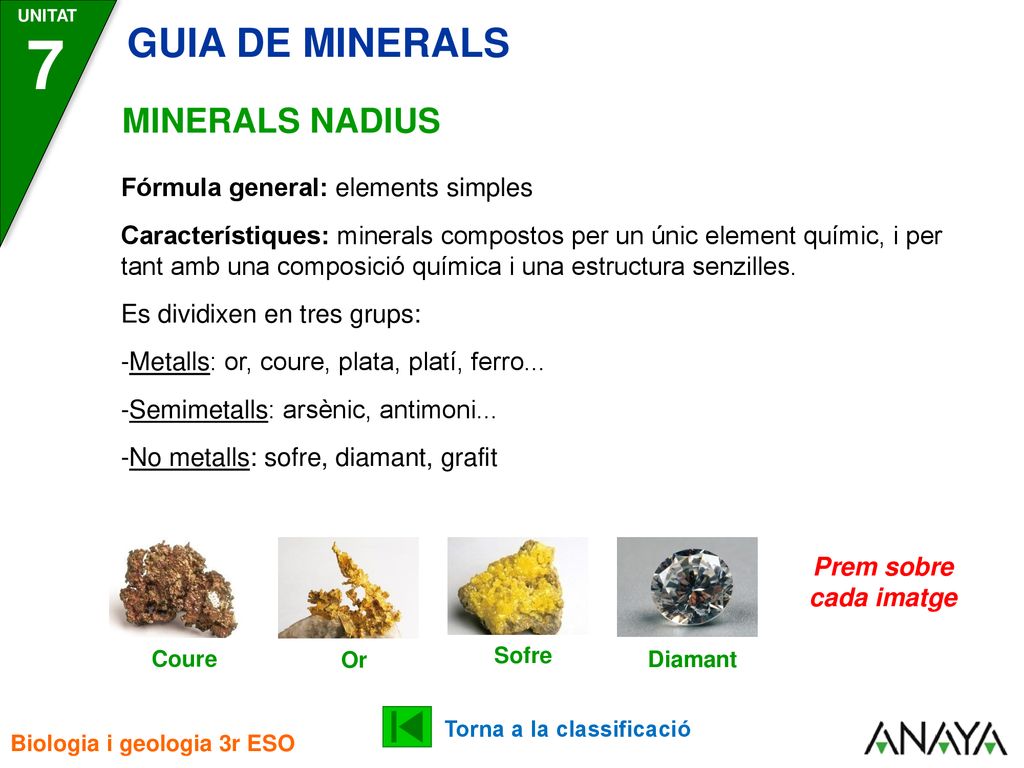 7 GUIA DE MINERALS MINERALS NADIUS Fórmula general: elements simples