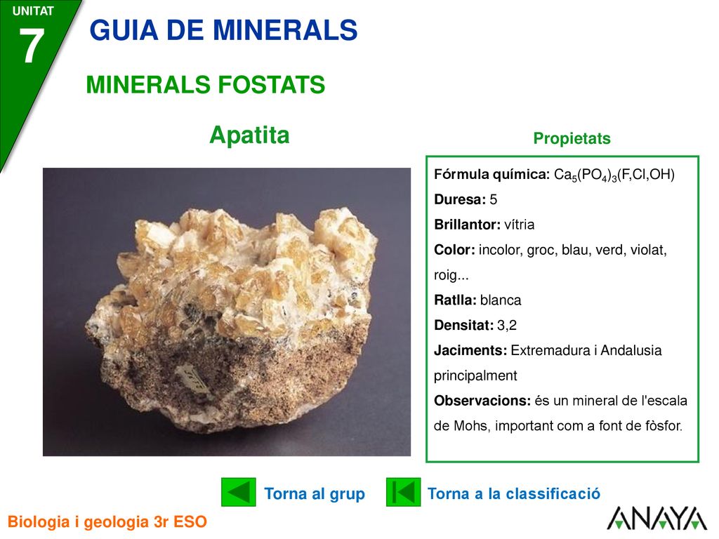 7 GUIA DE MINERALS MINERALS FOSTATS Apatita Propietats Torna al grup