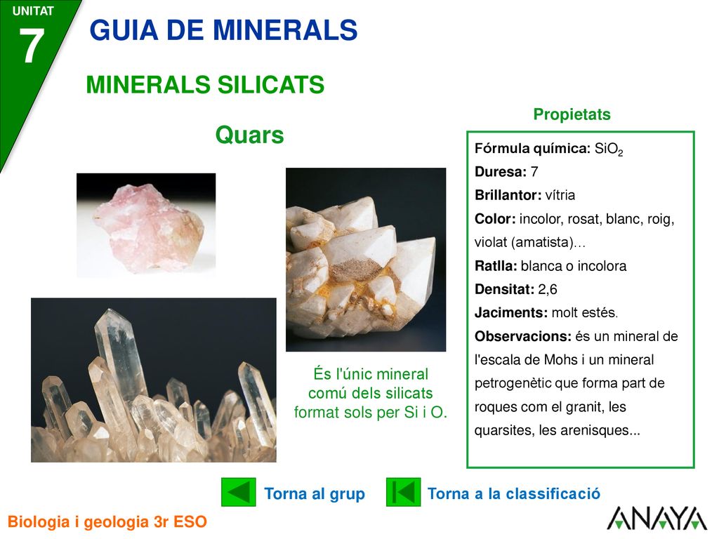 És l únic mineral comú dels silicats format sols per Si i O.