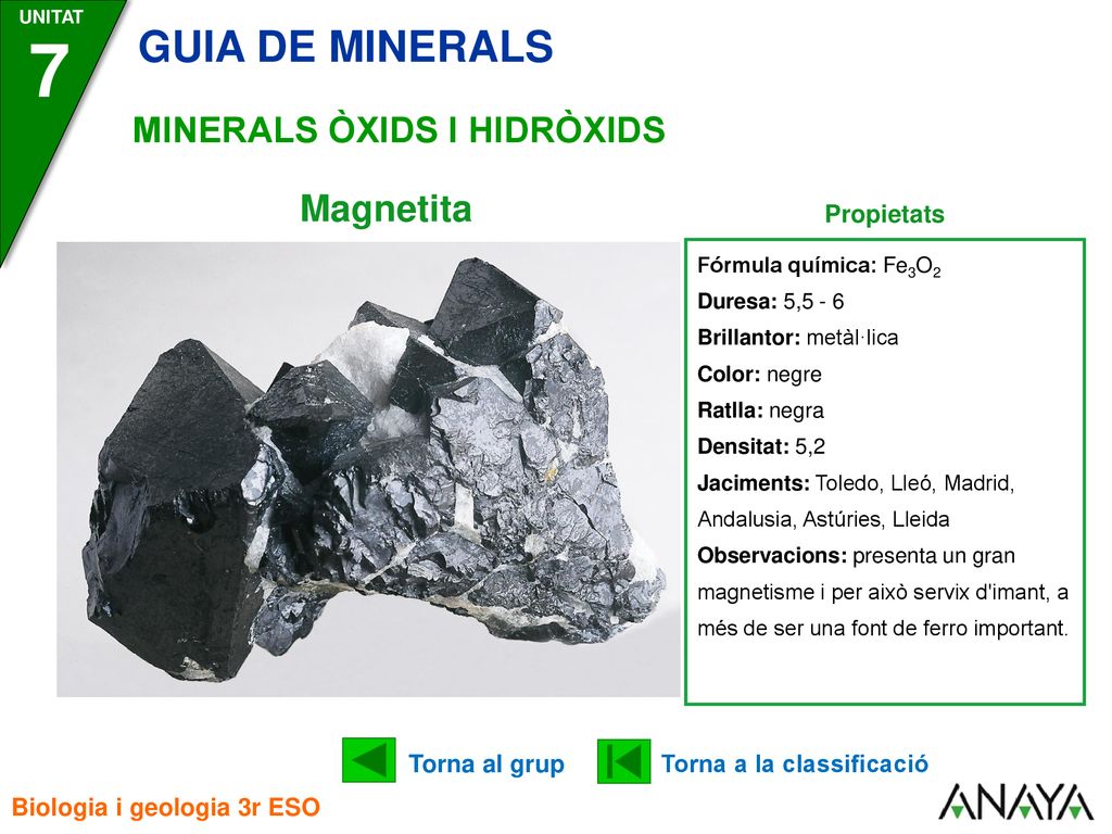 7 GUIA DE MINERALS Magnetita MINERALS ÒXIDS I HIDRÒXIDS Propietats
