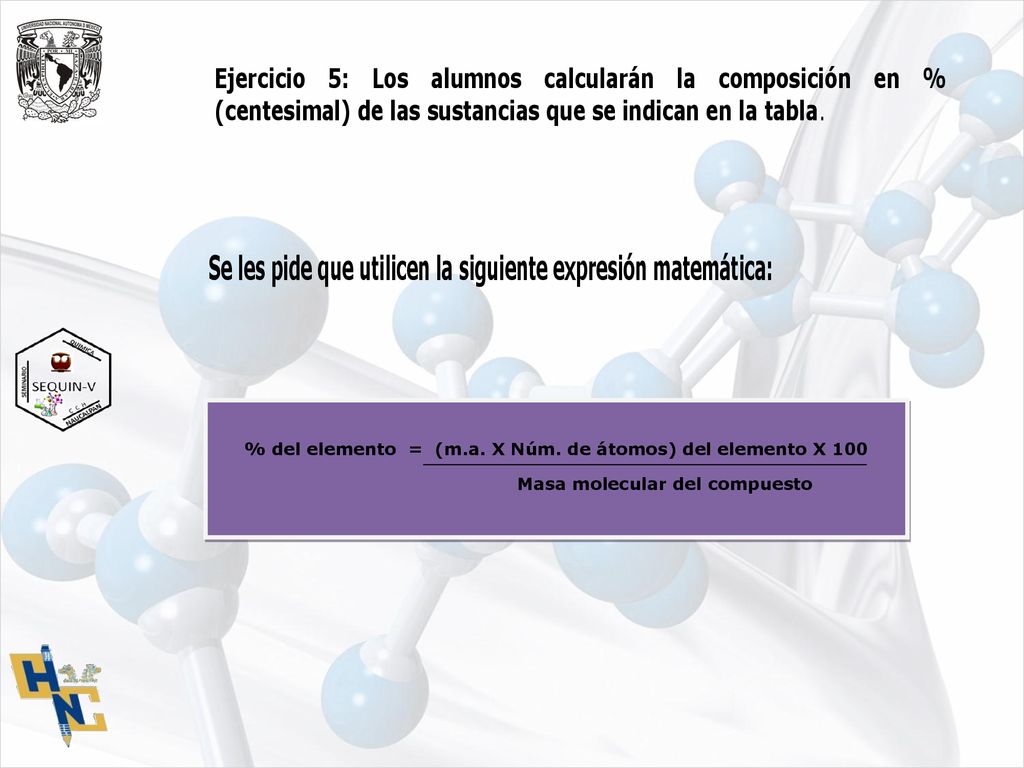 % del elemento = (m.a. X Núm. de átomos) del elemento X 100