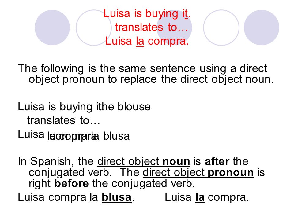 Luisa is buying it. translates to… Luisa la compra.