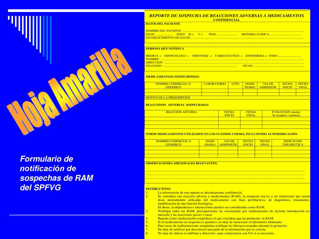 Hoja Amarilla Formulario de notificación de sospechas de RAM del SPFVG