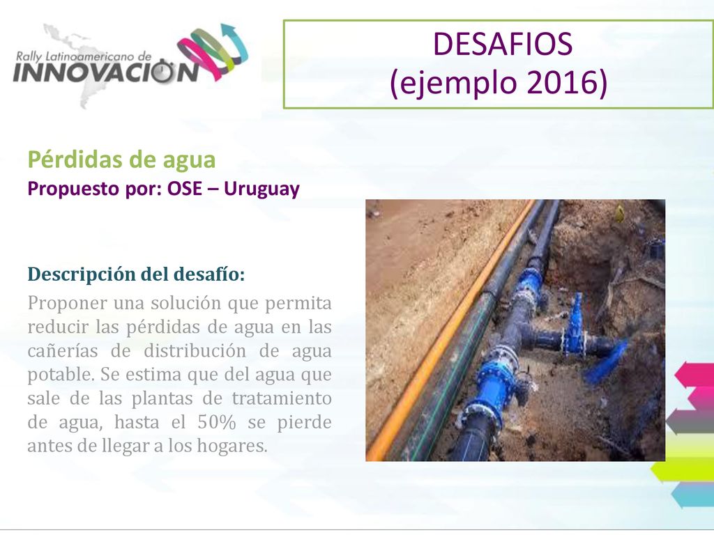 DESAFIOS (ejemplo 2016) Pérdidas de agua Propuesto por: OSE – Uruguay