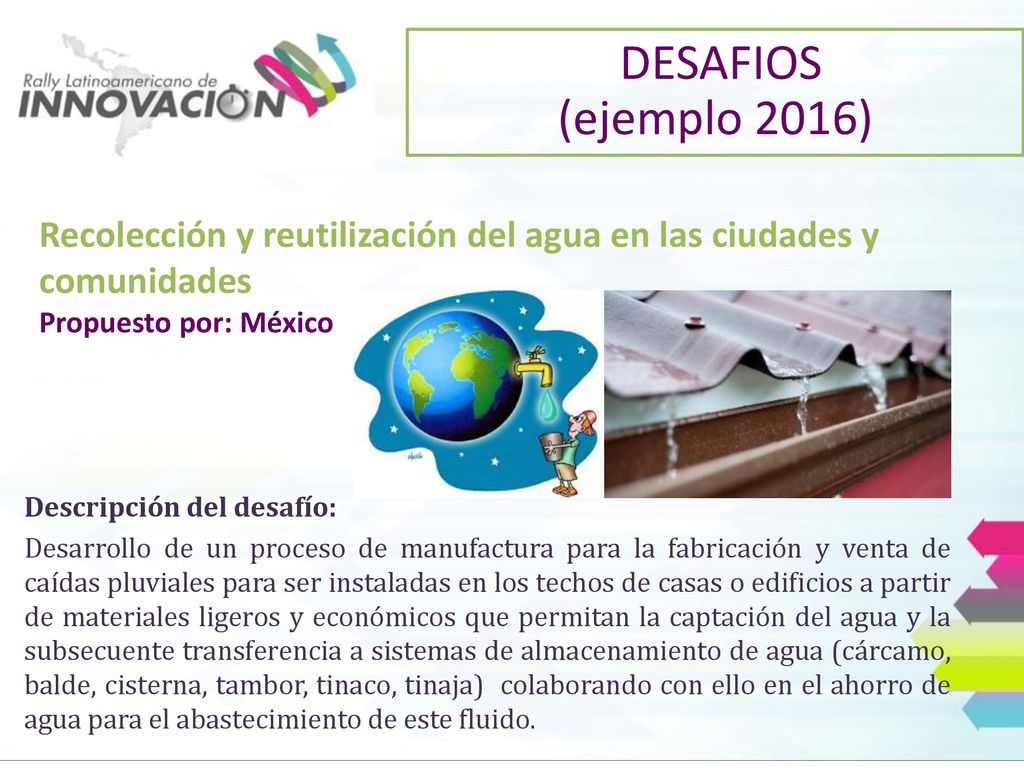 DESAFIOS (ejemplo 2016) Recolección y reutilización del agua en las ciudades y comunidades. Propuesto por: México.