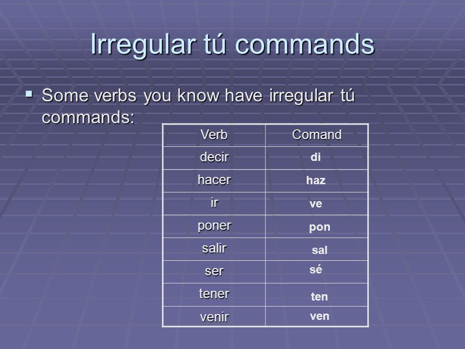 Irregular tú commands Some verbs you know have irregular tú commands: