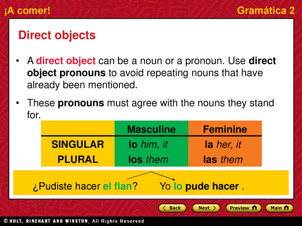 Direct objects A direct object can be a noun or a pronoun. Use direct object pronouns to avoid repeating nouns that have already been mentioned.