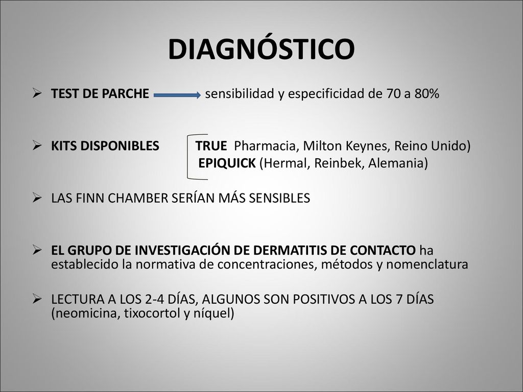 DIAGNÓSTICO TEST DE PARCHE sensibilidad y especificidad de 70 a 80%