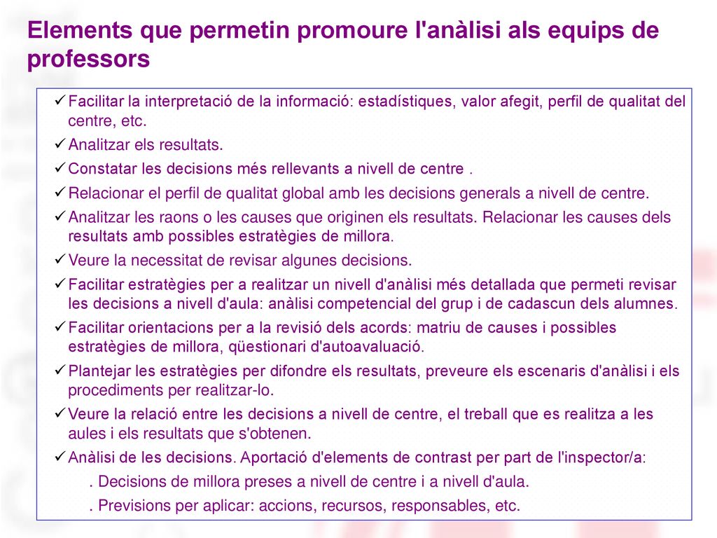 Elements que permetin promoure l anàlisi als equips de professors