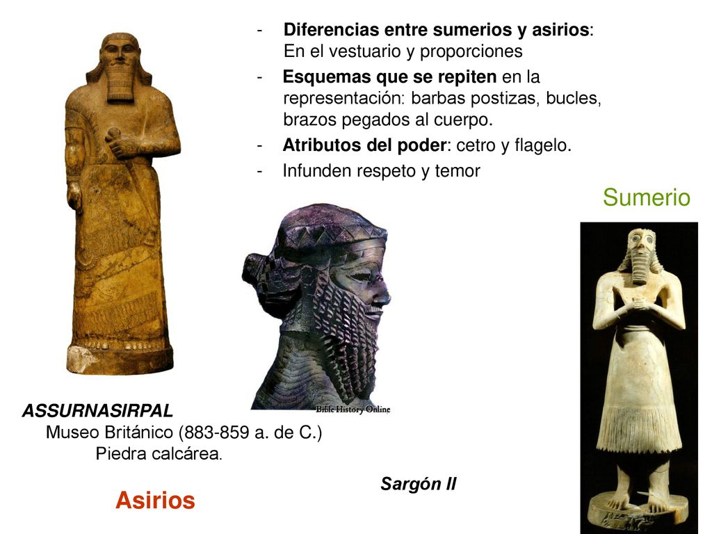 - Diferencias entre sumerios y asirios: En el vestuario y proporciones