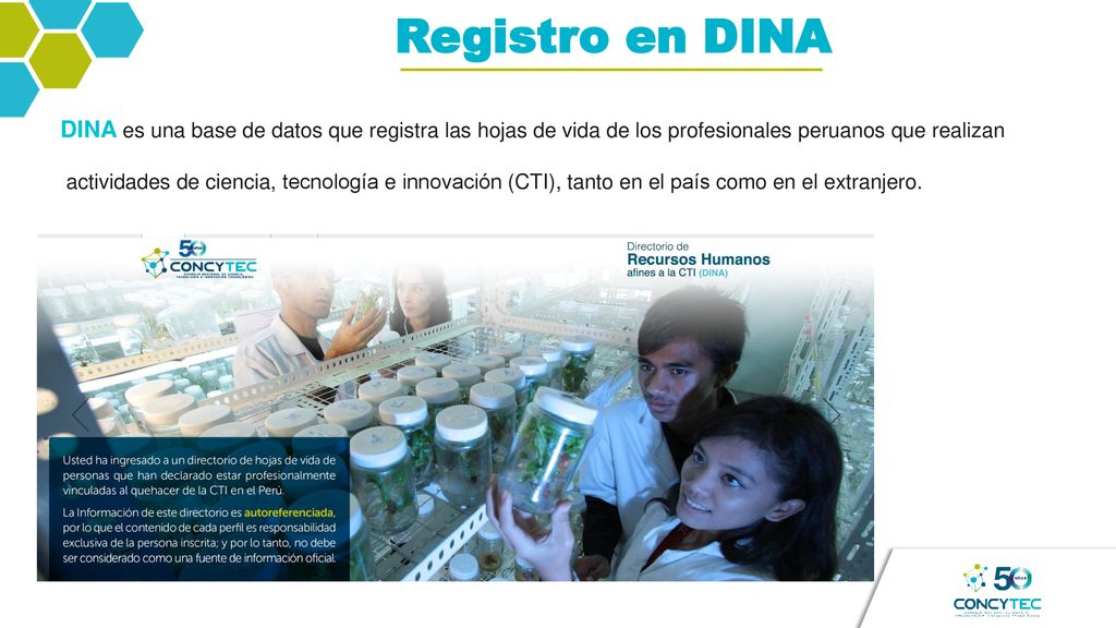 Registro en DINA DINA es una base de datos que registra las hojas de vida de los profesionales peruanos que realizan.