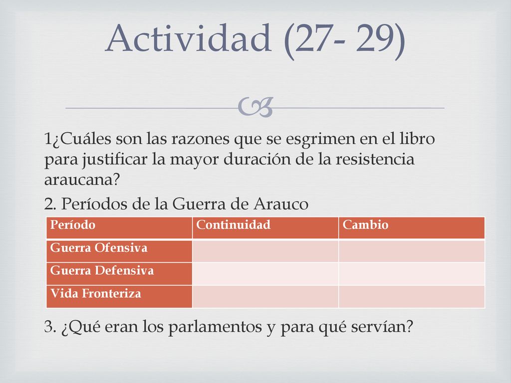Actividad (27- 29) 1¿Cuáles son las razones que se esgrimen en el libro para justificar la mayor duración de la resistencia araucana