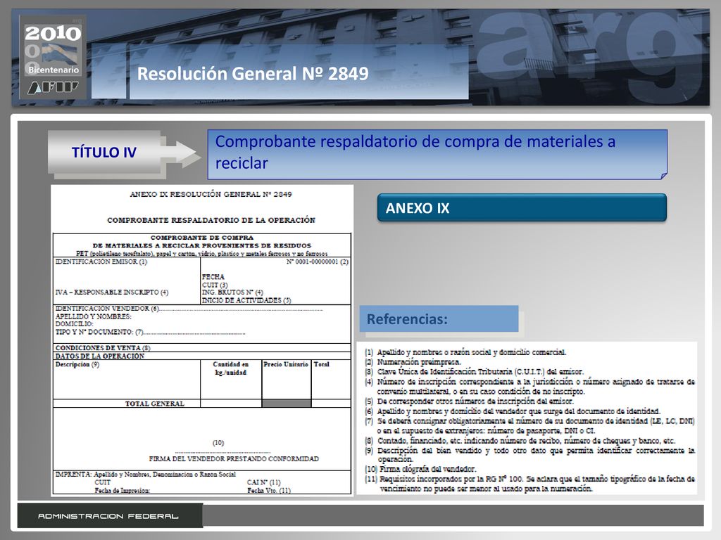 Resolución General Nº 2849 TÍTULO IV. Comprobante respaldatorio de compra de materiales a reciclar.
