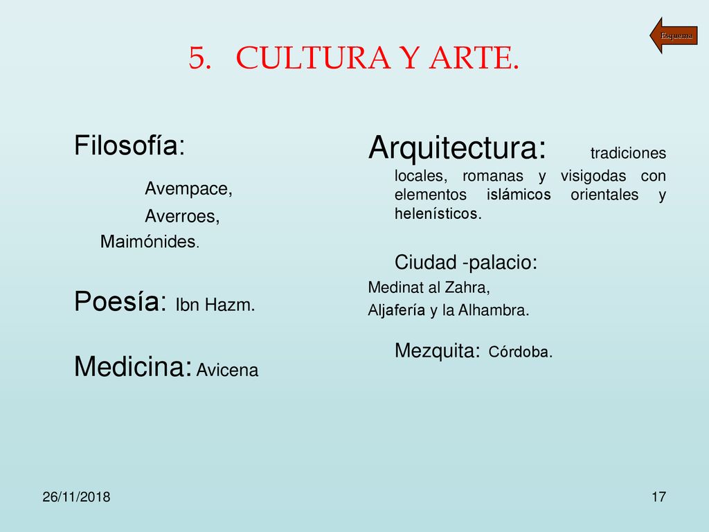 5. CULTURA Y ARTE. Filosofía: Avempace, Averroes, Maimónides. Poesía: Ibn Hazm. Medicina: Avicena.