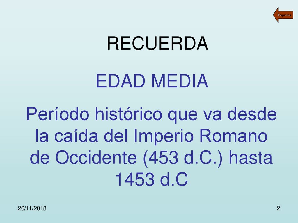 RECUERDA EDAD MEDIA. Período histórico que va desde la caída del Imperio Romano de Occidente (453 d.C.) hasta 1453 d.C.