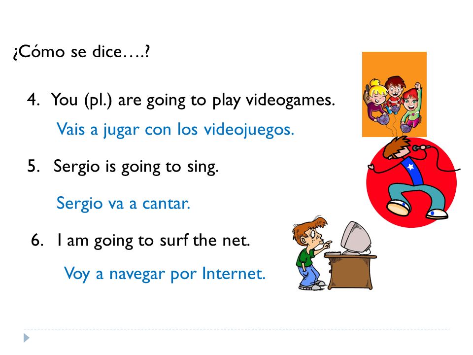 ¿Cómo se dice…. 4. You (pl.) are going to play videogames. Vais a jugar con los videojuegos. 5. Sergio is going to sing.