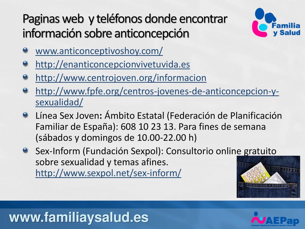Paginas web y teléfonos donde encontrar información sobre anticoncepción