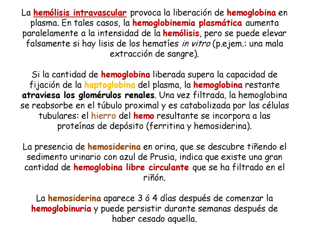 La hemólisis intravascular provoca la liberación de hemoglobina en plasma.