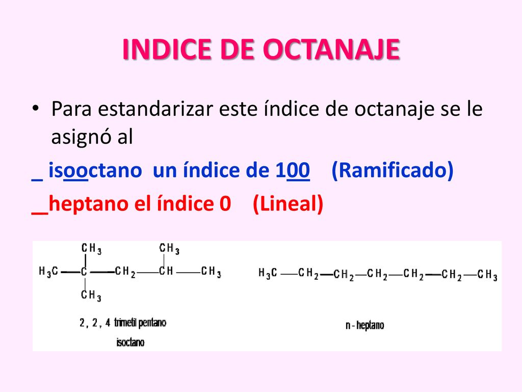 INDICE DE OCTANAJE Para estandarizar este índice de octanaje se le asignó al. _ isooctano un índice de 100 (Ramificado)