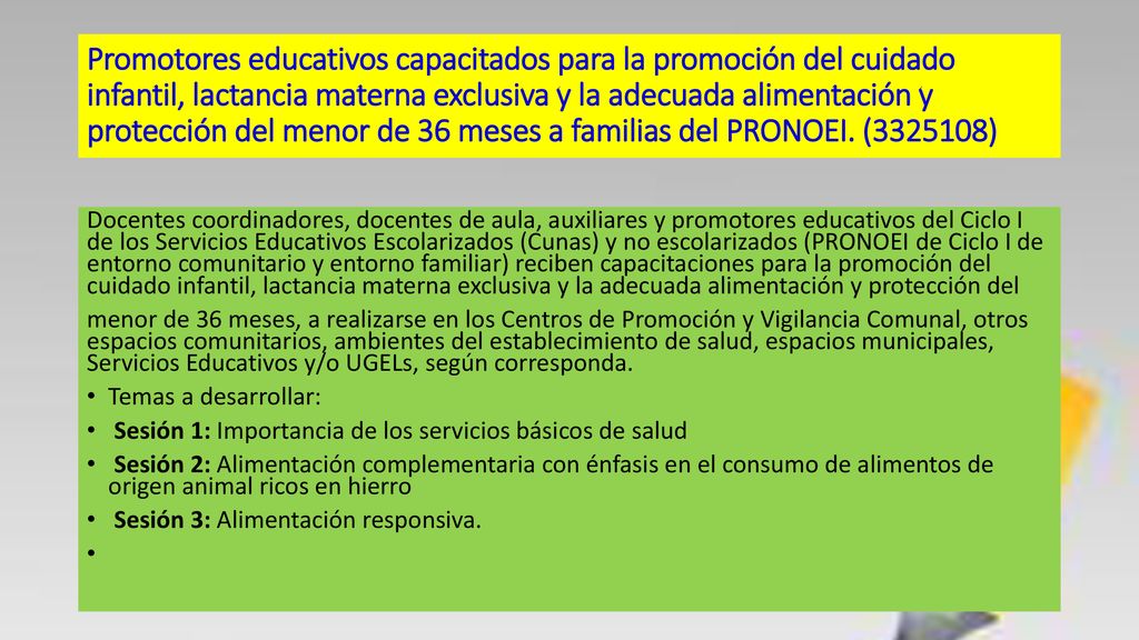 Promotores educativos capacitados para la promoción del cuidado infantil, lactancia materna exclusiva y la adecuada alimentación y protección del menor de 36 meses a familias del PRONOEI. ( )