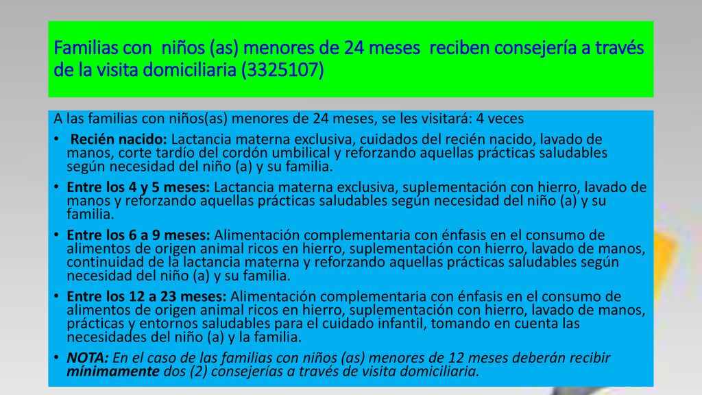 Familias con niños (as) menores de 24 meses reciben consejería a través de la visita domiciliaria ( )