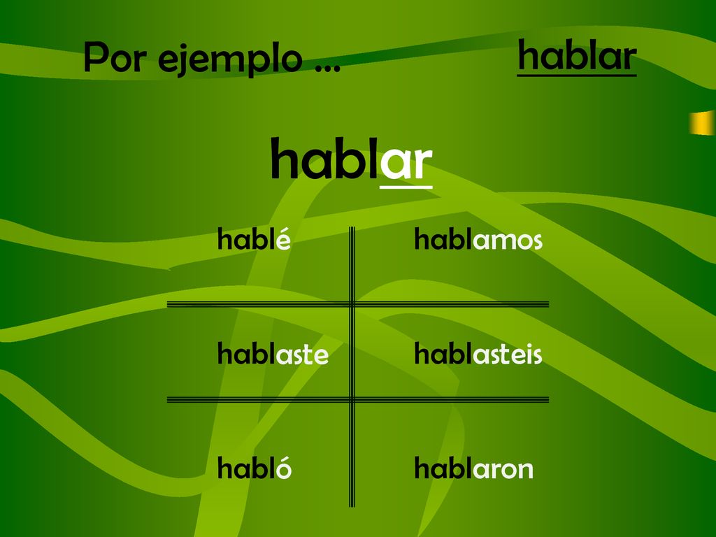 Por ejemplo … hablar hablar habl é aste ó amos asteis aron