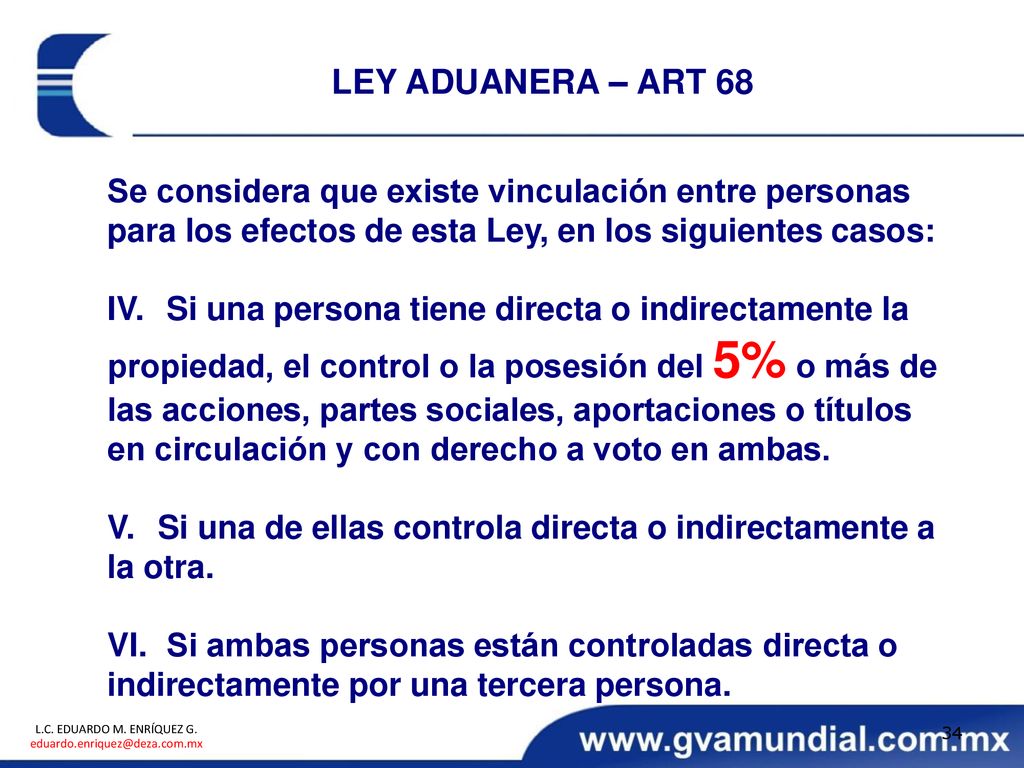 LEY ADUANERA – ART 68 Se considera que existe vinculación entre personas para los efectos de esta Ley, en los siguientes casos: