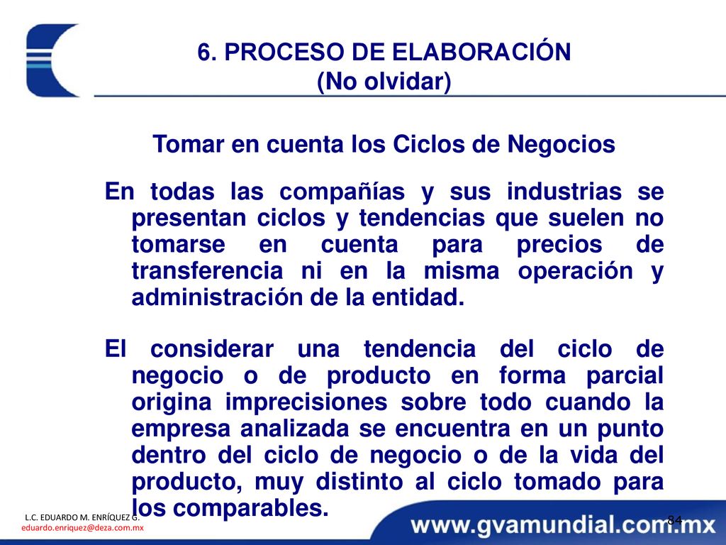6. PROCESO DE ELABORACIÓN Tomar en cuenta los Ciclos de Negocios