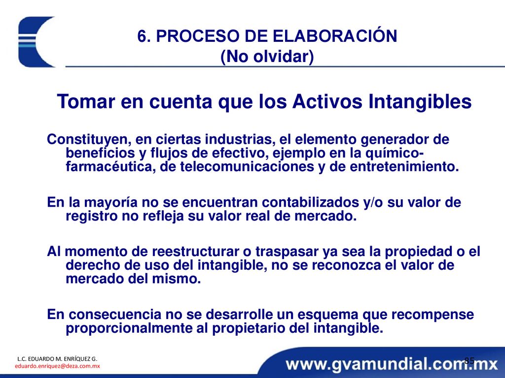 6. PROCESO DE ELABORACIÓN Tomar en cuenta que los Activos Intangibles