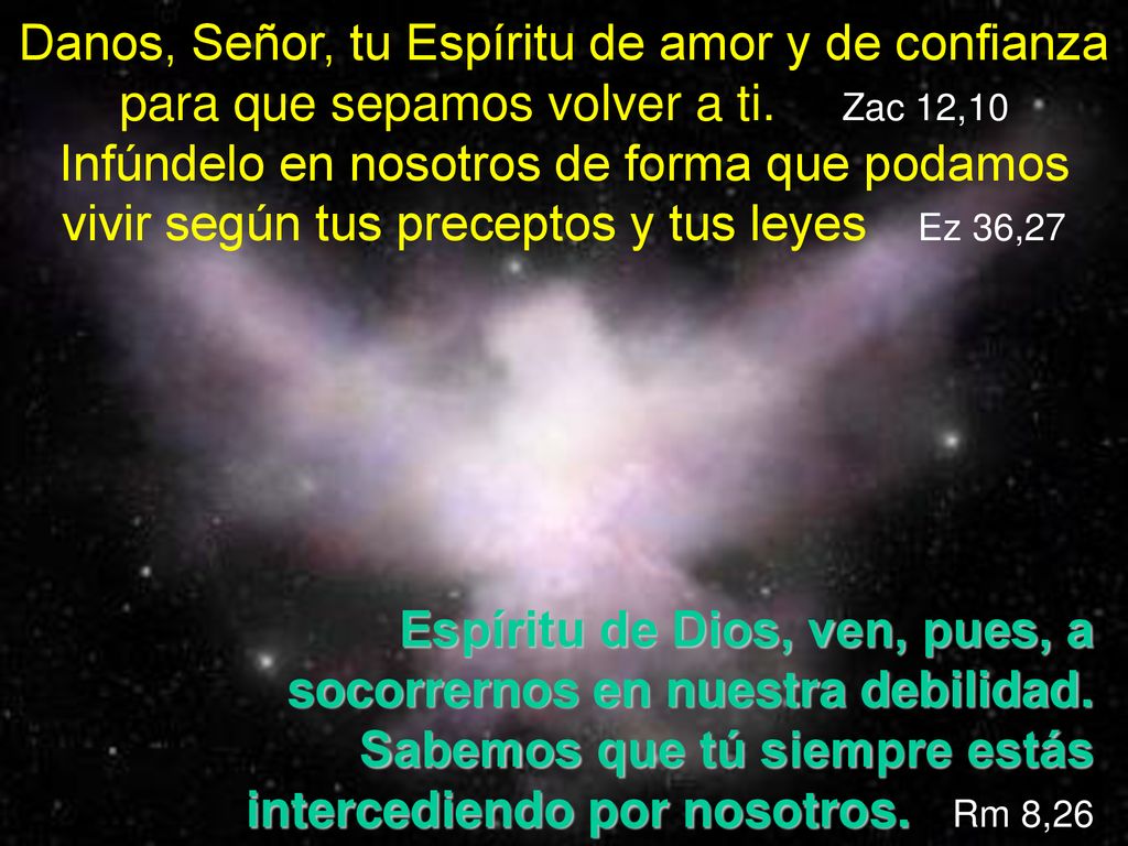 Danos, Señor, tu Espíritu de amor y de confianza para que sepamos volver a ti. Zac 12,10 Infúndelo en nosotros de forma que podamos vivir según tus preceptos y tus leyes Ez 36,27