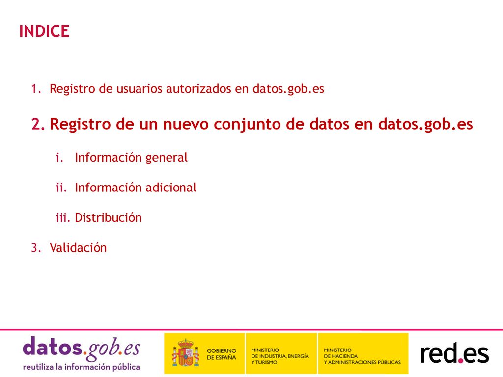 INDICE Registro de un nuevo conjunto de datos en datos.gob.es