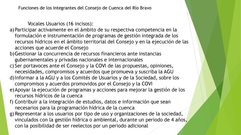 Funciones de los integrantes del Consejo de Cuenca del Río Bravo