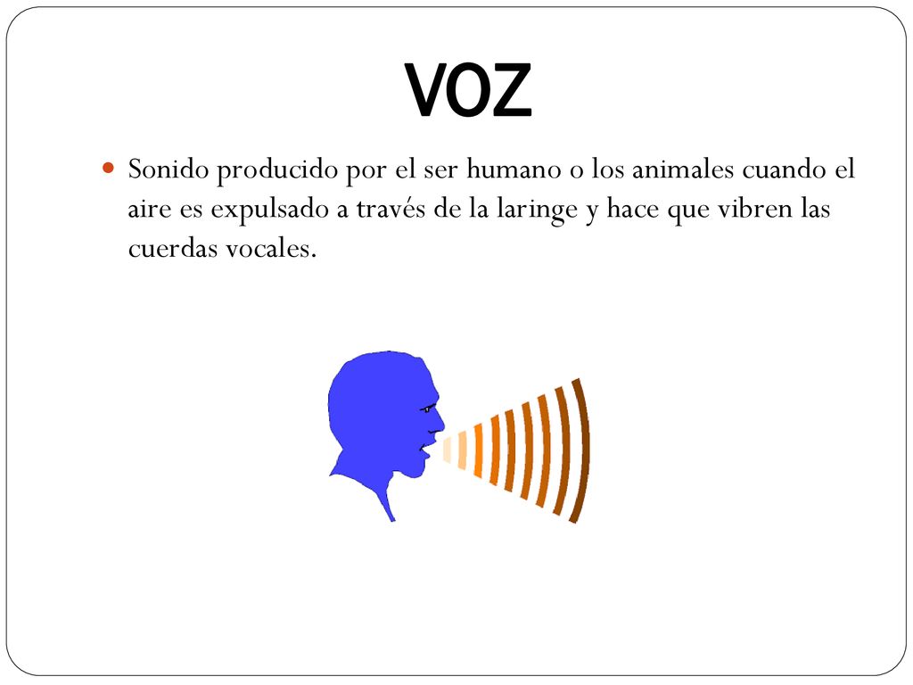 VOZ Sonido producido por el ser humano o los animales cuando el aire es expulsado a través de la laringe y hace que vibren las cuerdas vocales.