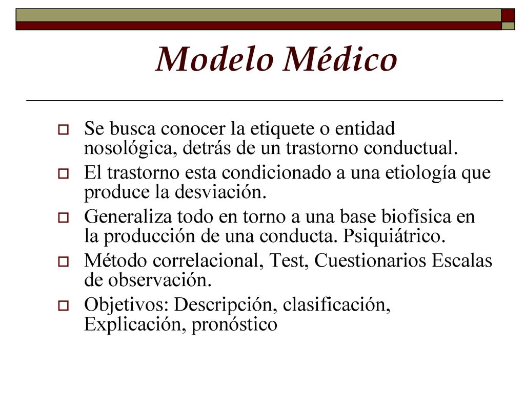 Modelo Médico Se busca conocer la etiquete o entidad nosológica, detrás de un trastorno conductual.