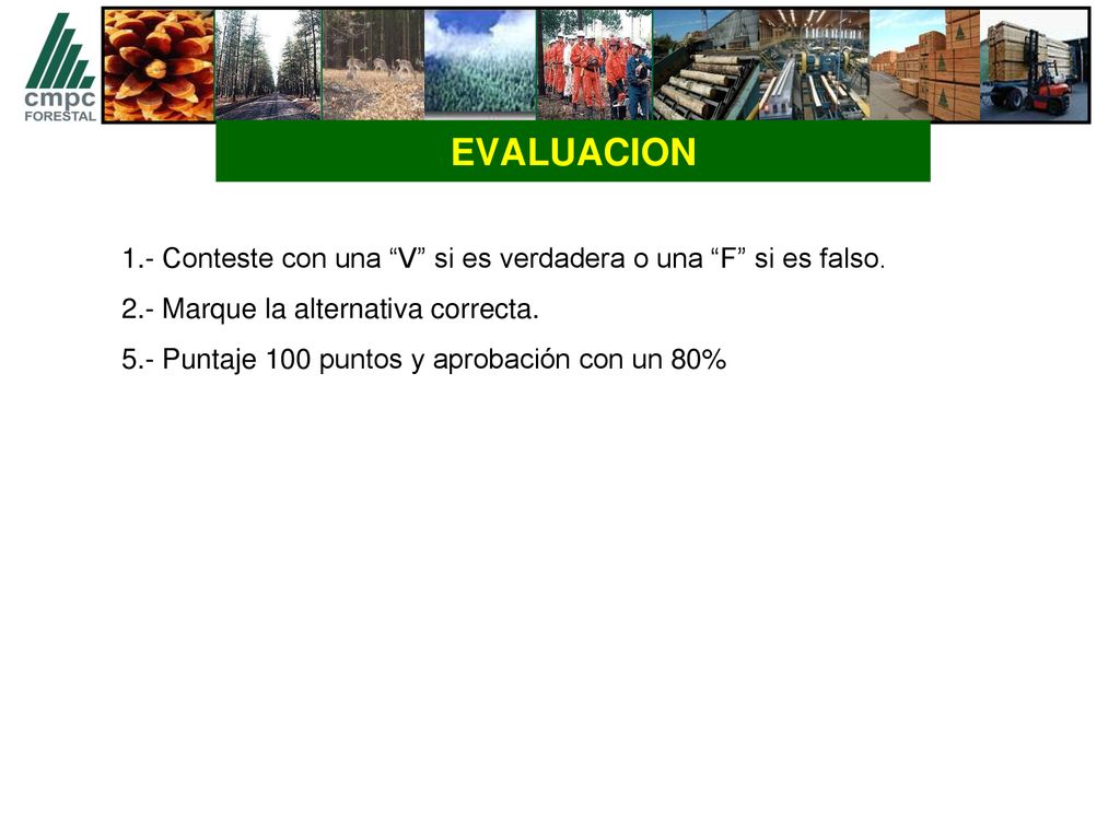 EVALUACION 1.- Conteste con una V si es verdadera o una F si es falso. 2.- Marque la alternativa correcta.