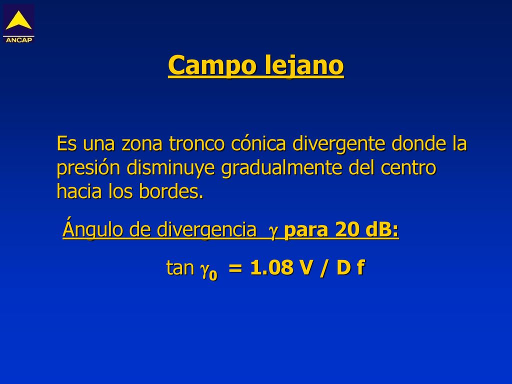 Campo lejano Es una zona tronco cónica divergente donde la presión disminuye gradualmente del centro hacia los bordes.