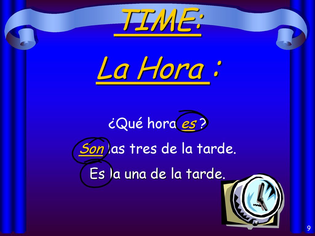 TIME: La Hora : ¿Qué hora es Son las tres de la tarde.