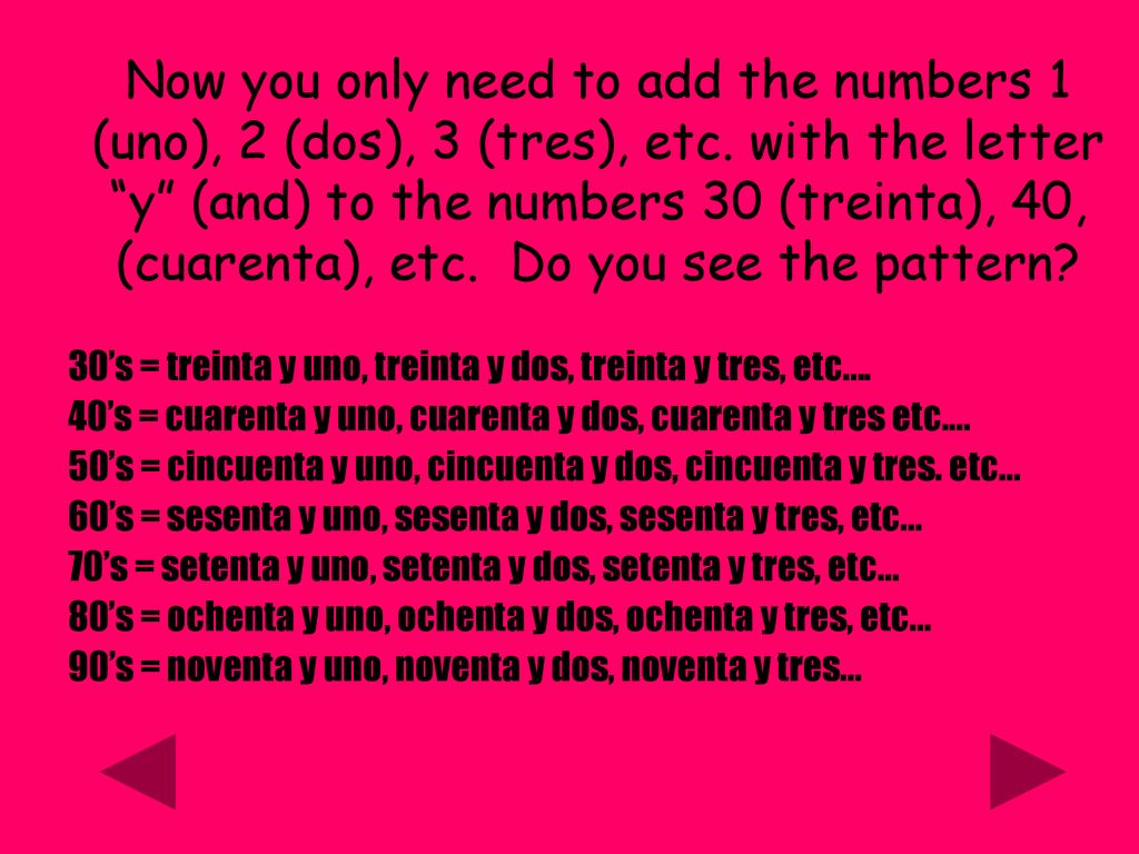Now you only need to add the numbers 1 (uno), 2 (dos), 3 (tres), etc