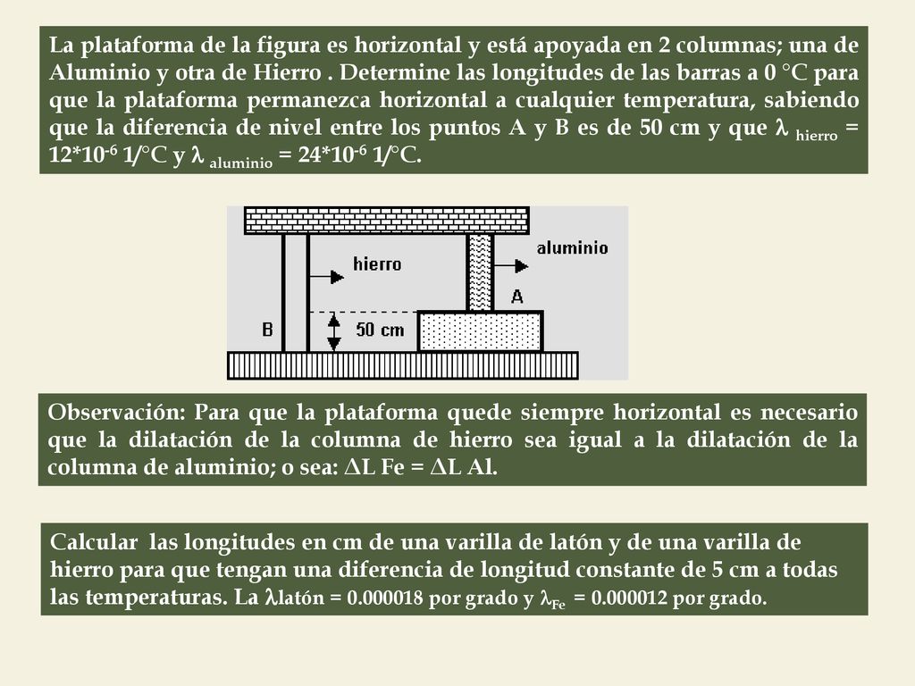 La plataforma de la figura es horizontal y está apoyada en 2 columnas; una de Aluminio y otra de Hierro . Determine las longitudes de las barras a 0 °C para que la plataforma permanezca horizontal a cualquier temperatura, sabiendo que la diferencia de nivel entre los puntos A y B es de 50 cm y que  hierro = 12*10-6 1/°C y  aluminio = 24*10-6 1/°C.