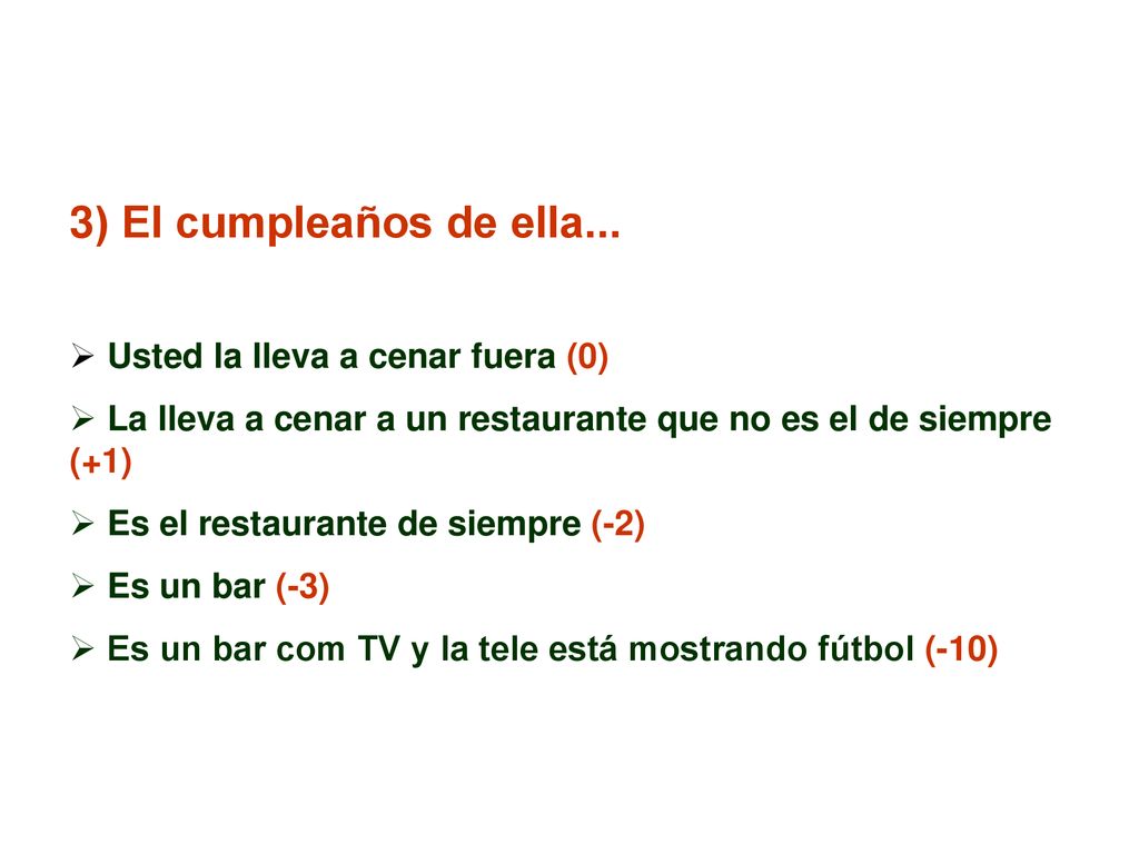 3) El cumpleaños de ella... Usted la lleva a cenar fuera (0)