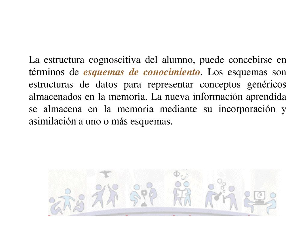 La estructura cognoscitiva del alumno, puede concebirse en términos de esquemas de conocimiento.