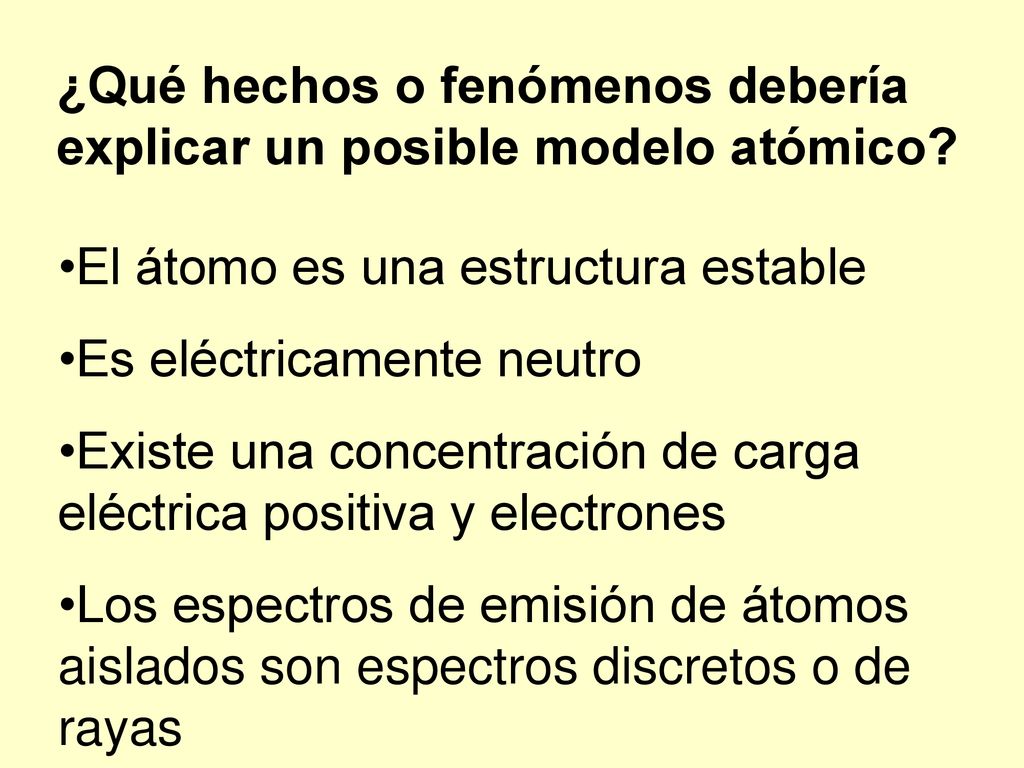 ¿Qué hechos o fenómenos debería explicar un posible modelo atómico