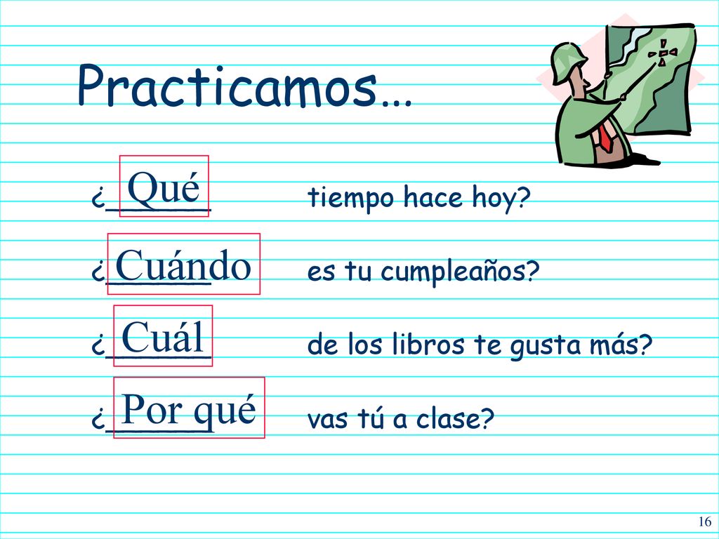 Practicamos… Qué Cuándo Cuál Por qué ¿______ tiempo hace hoy