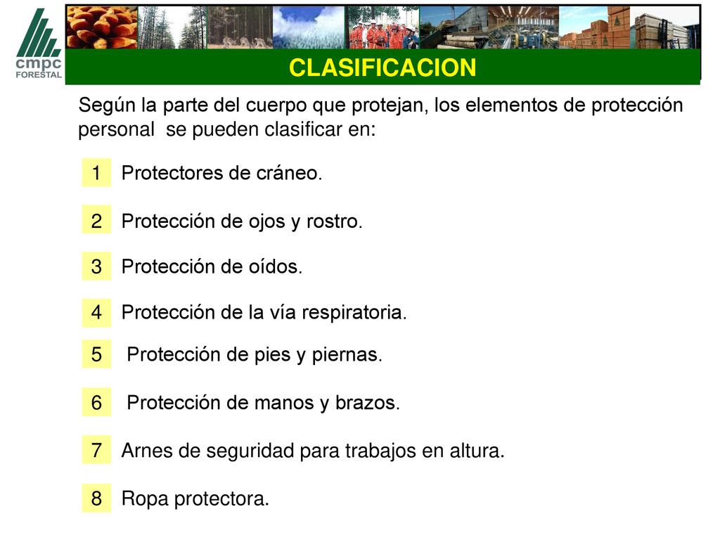 CLASIFICACION Según la parte del cuerpo que protejan, los elementos de protección personal se pueden clasificar en: