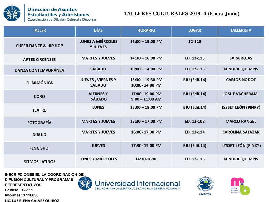 TALLERES CULTURALES 2018– 2 (Enero-Junio) JUEVES , VIERNES Y SÁBADO