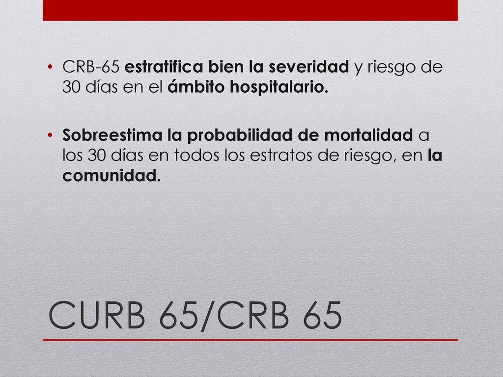 CRB-65 estratifica bien la severidad y riesgo de 30 días en el ámbito hospitalario.