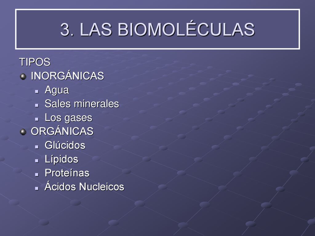 3. LAS BIOMOLÉCULAS TIPOS INORGÁNICAS Agua Sales minerales Los gases